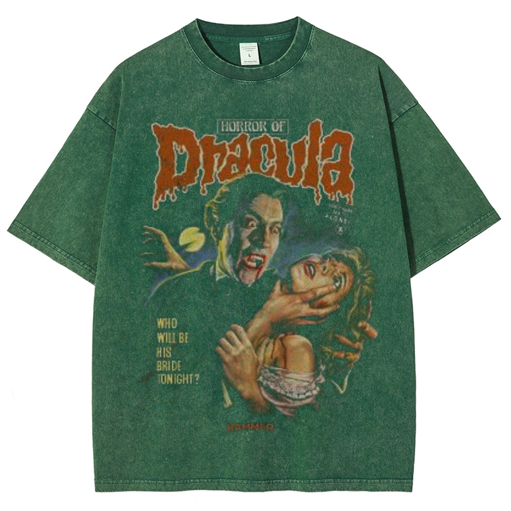 Unisex Vintage Horror of the Dracula Movies Graphic Short Sleeve Washed T-shirt