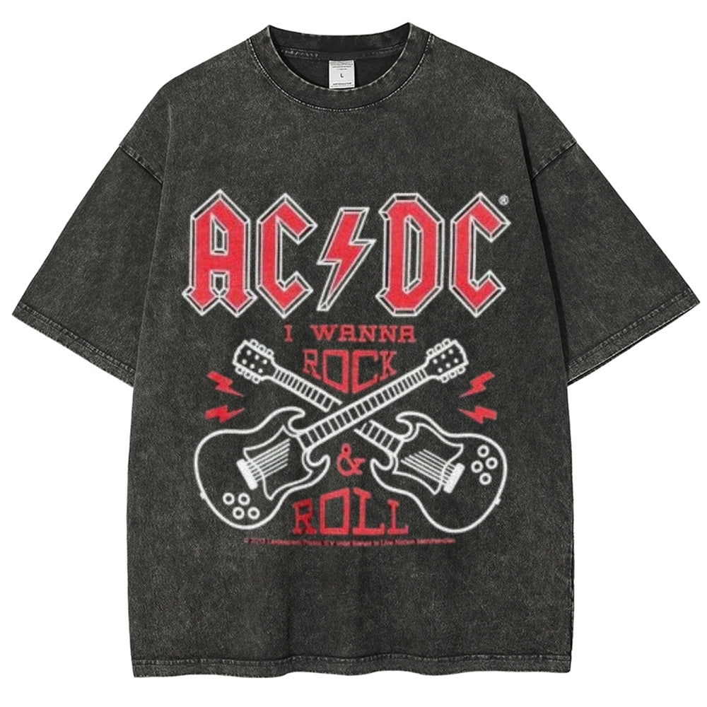 Unisex Vintage The Acdc Rock Band Print Short Sleeve Casual Graphic Washed T-shirt