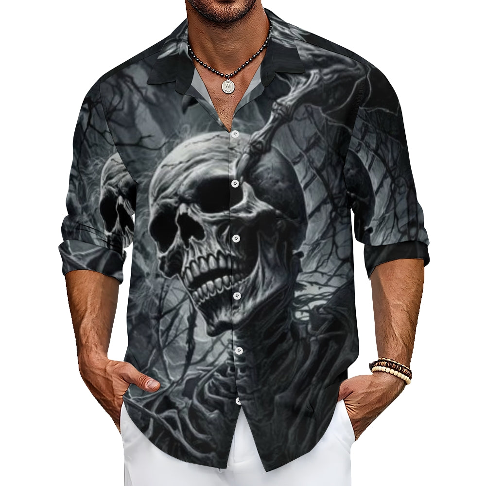 Mens Black Skull 3D Print Long Sleeve Shirt