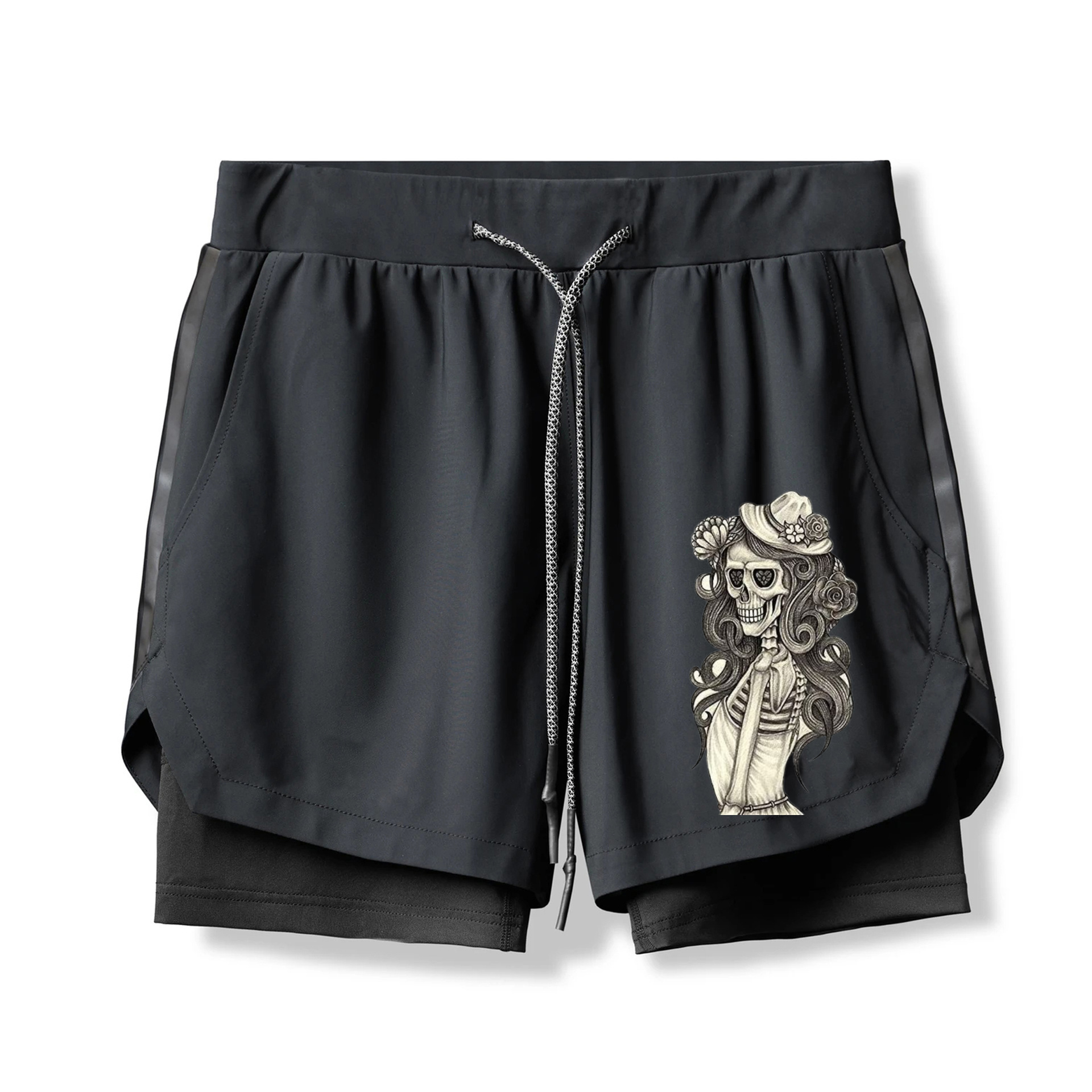 Skull with Flower in Hair 2 In 1 Gym Shorts for Men