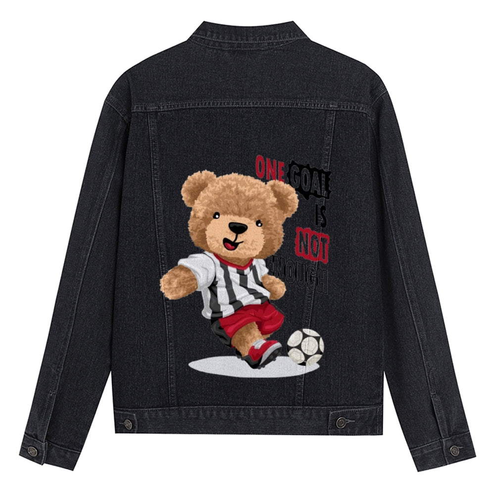 Mens Vintage Cartoon Prints One Goal Is Not Enough Cute Bear Denim Jacket