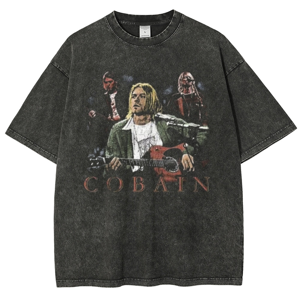 Unisex Vintage Cobain Darkness Style Graphic Short Sleeve Washed T-shirt