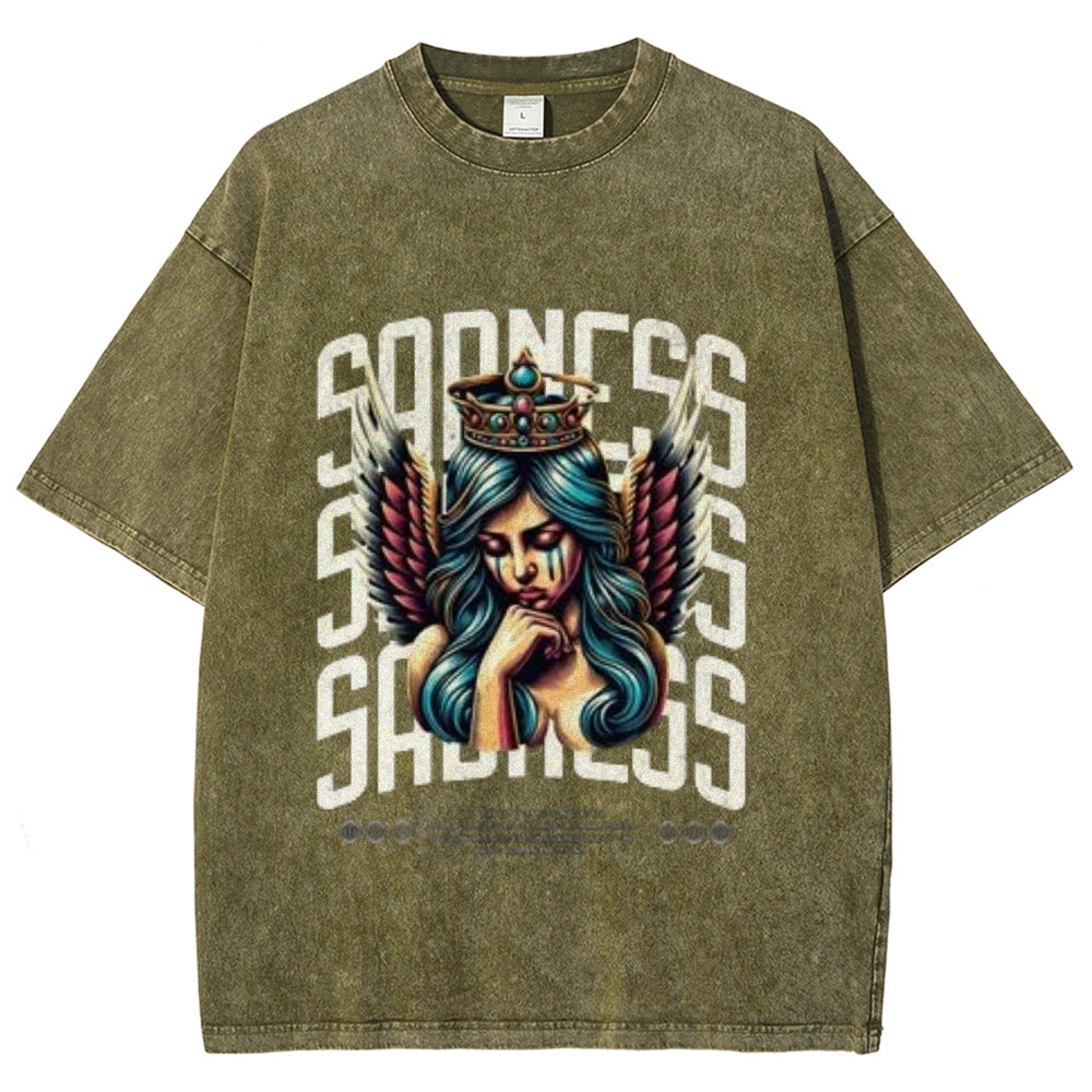 Women Washed Vintage Sading Angel Graphic T-shirt