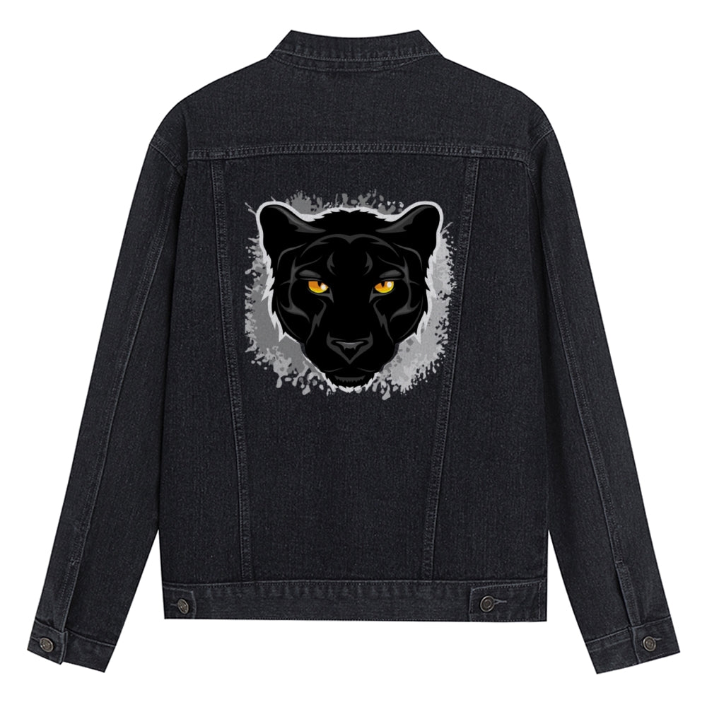 Mens Vintage Cartoon Prints Black Leopard Denim Jacket