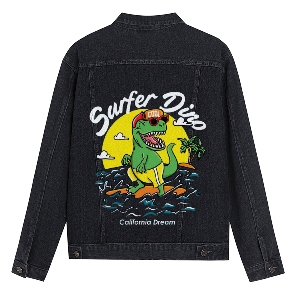 Mens Vintage Cartoon Prints Surfer Duno California Dream Denim Jacket