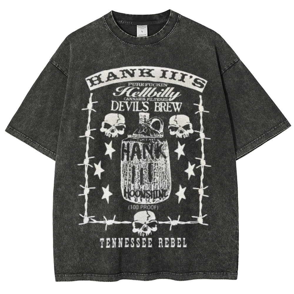 Unisex Vintage Hank 3 Darkness Style Graphic Short Sleeve Washed T-shirt