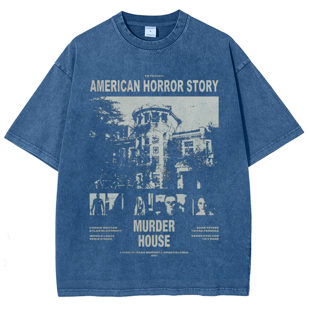 Unisex Vintage American Horror Story Graphic Short Sleeve Washed T-shirt