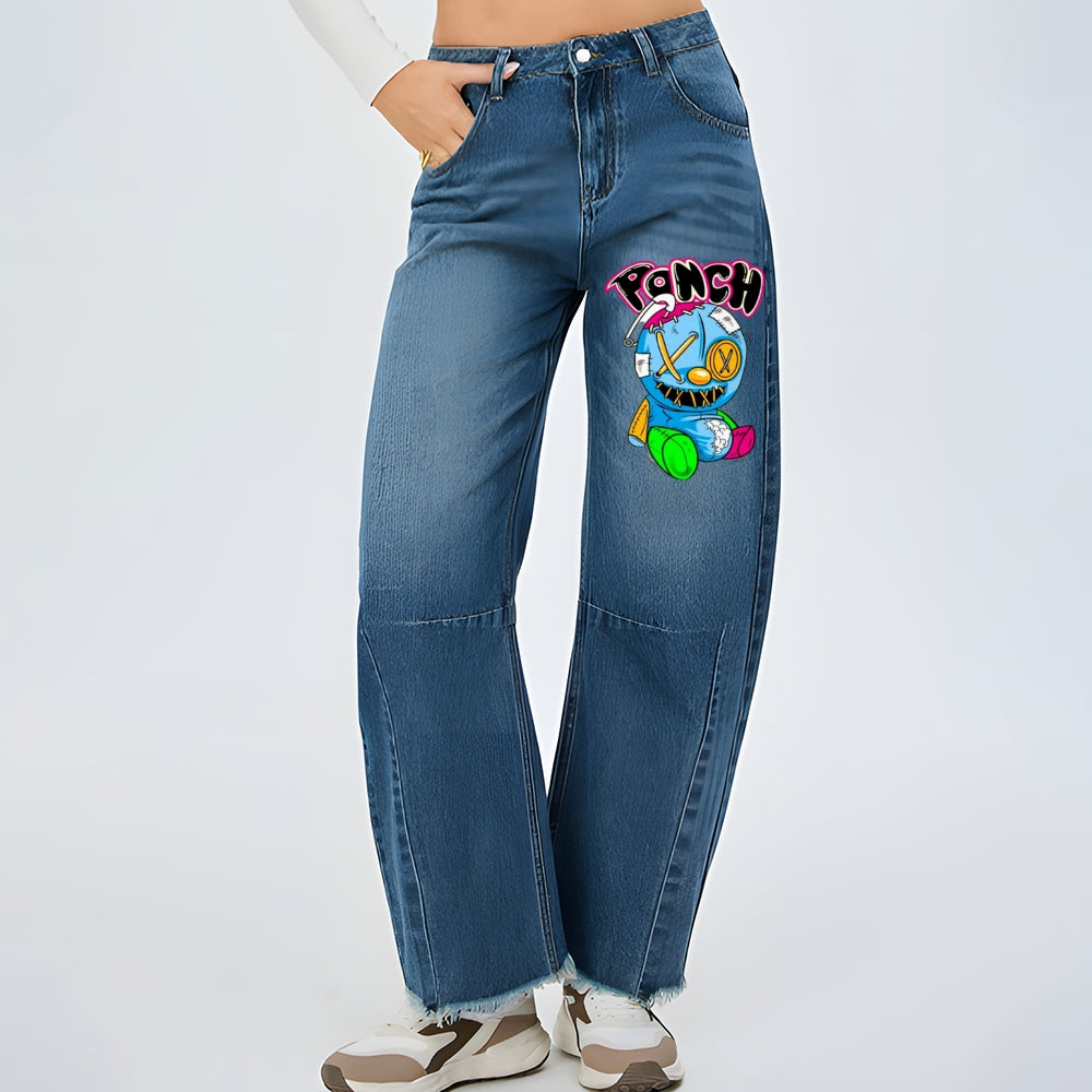 Women Smile Bear Graphic Baggy Straight Leg Jean