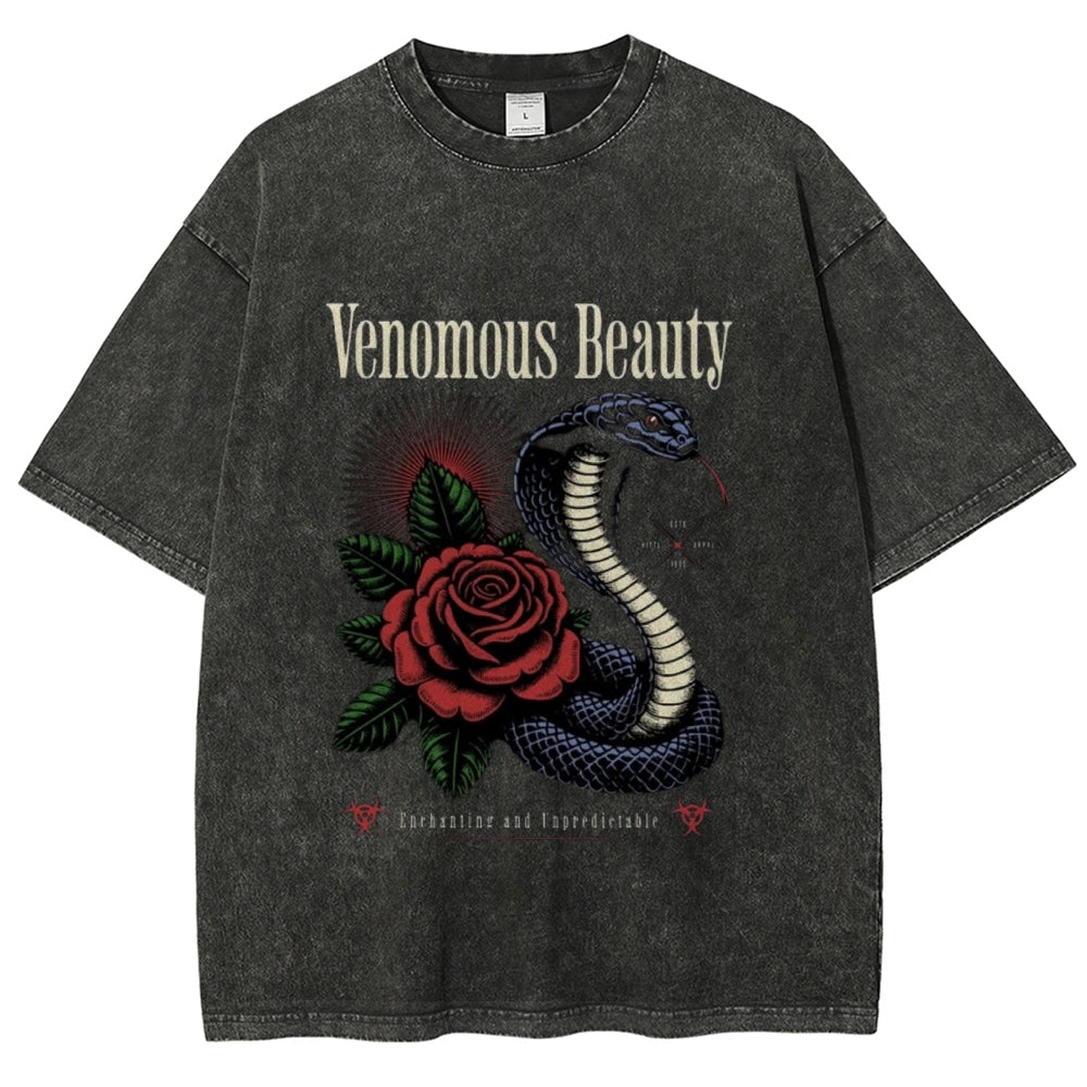 Women Washed Vintage Beauty Rose Snake Graphic T-shirt