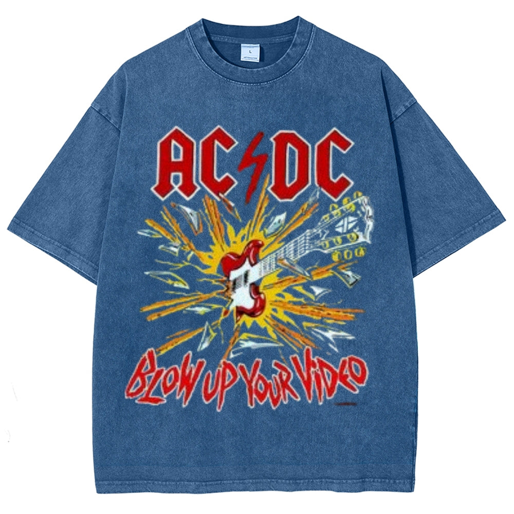 Unisex Vintage The Acdc Rock Band Print Short Sleeve Casual Graphic Washed T-shirt