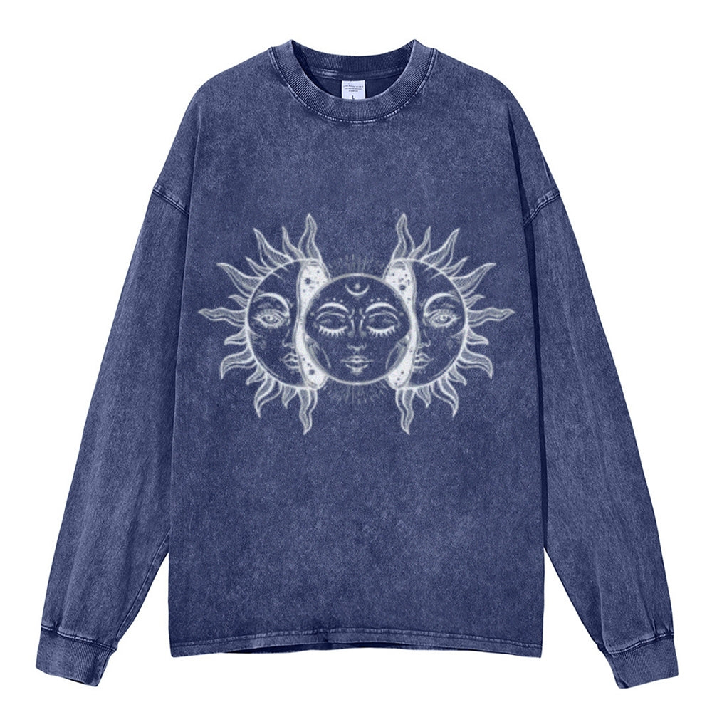 Oversized Vintage Washed Sun and Moon Graphic Sweatshirt