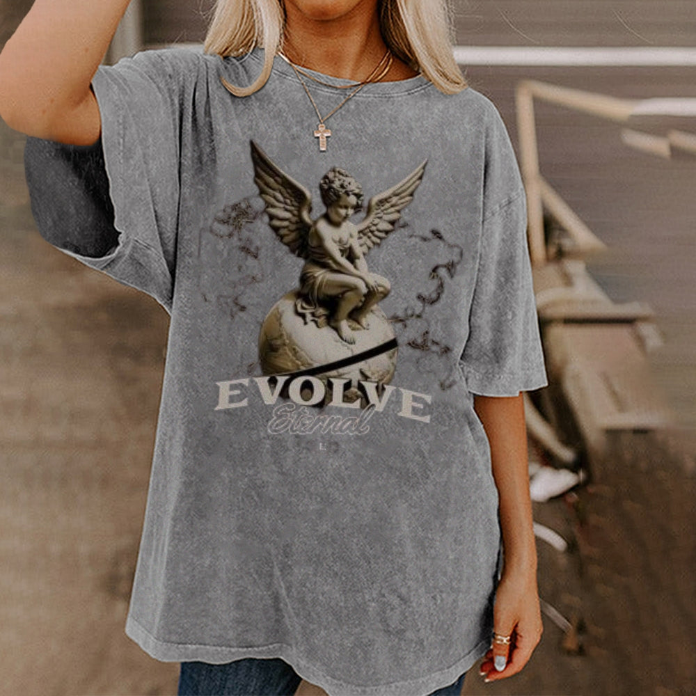 Women Washed Vintage Evolve Angel Graphic Tee