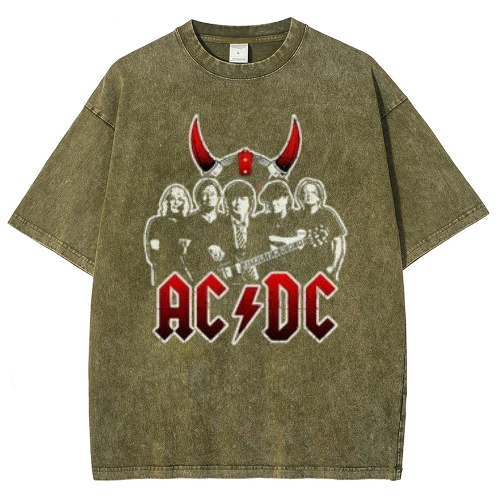 Unisex Vintage The Acdc Rock Band Print Short Sleeve Casual Graphic Washed T-shirt