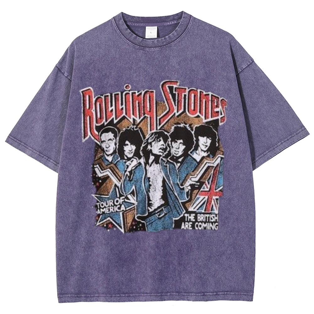 Unisex Vintage The Rolling Stone Rock Band Print Short Sleeve Casual Graphic Washed T-shirt