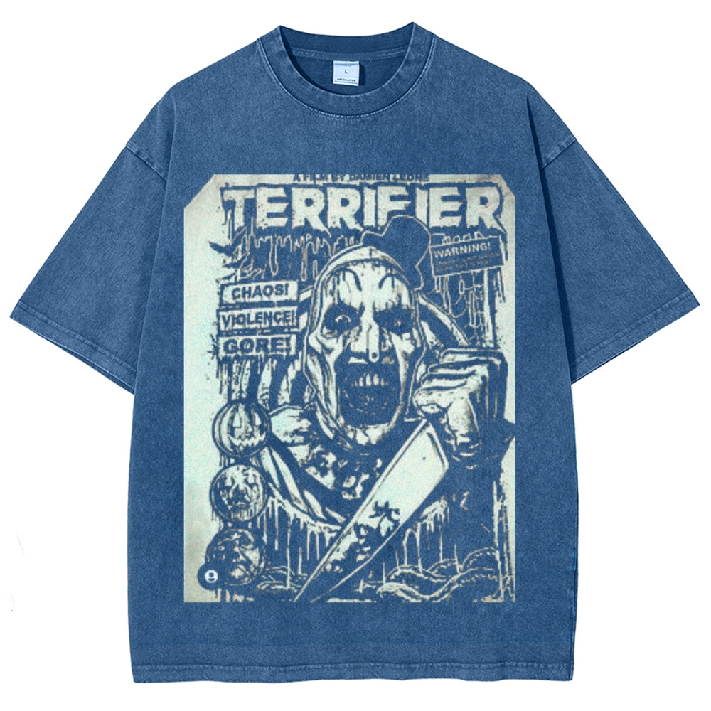 Unisex Vintage Terrifier Horror Graphic Short Sleeve Washed T-shirt