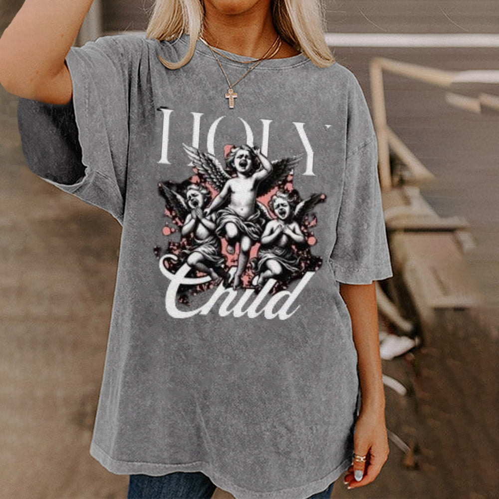 Women Washed Vintage Holy Child Graphic Tee