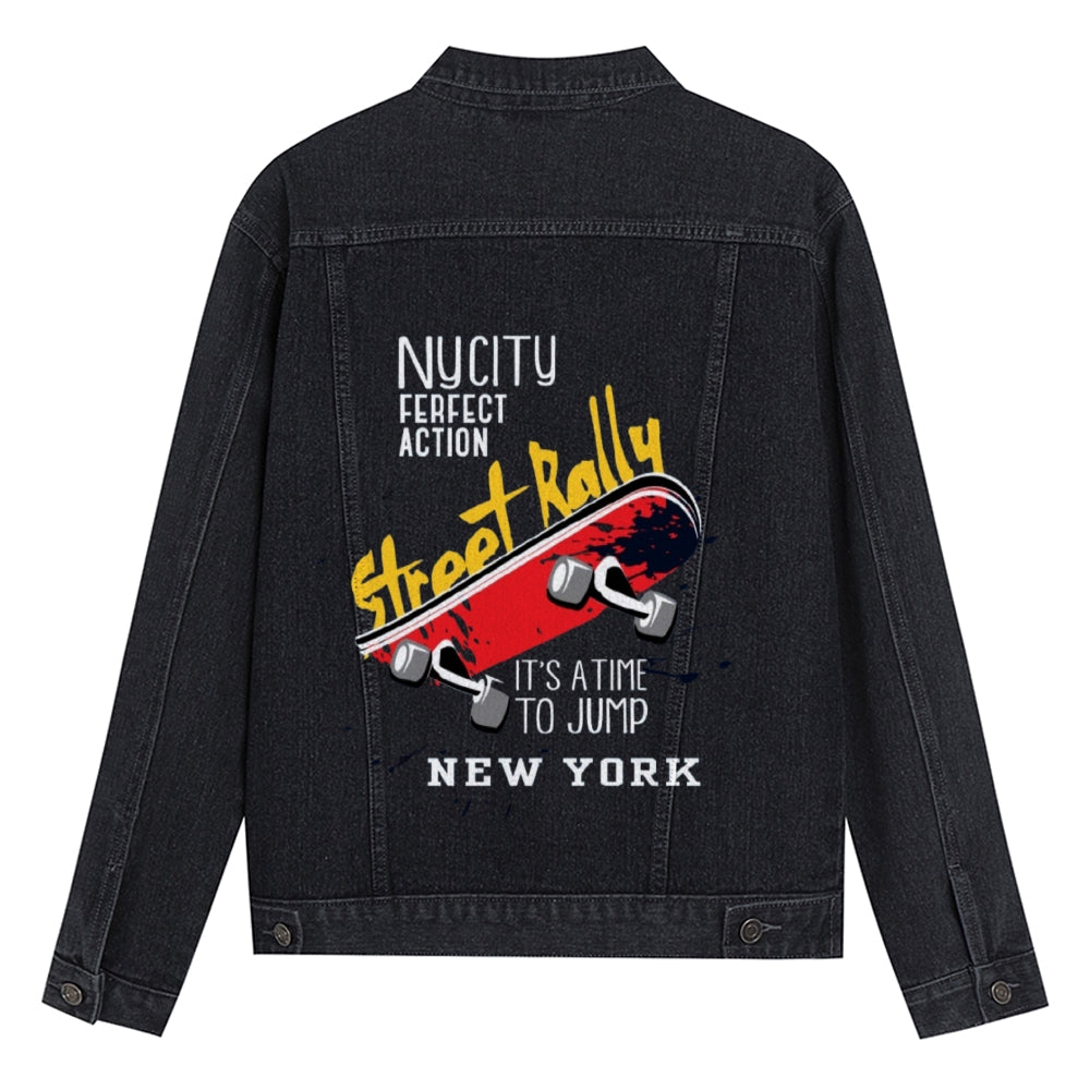 Mens Vintage Skate Cartoon Prints Nycity Ferfect Action Street Rally It's A Time To Jump New York Denim Jacket