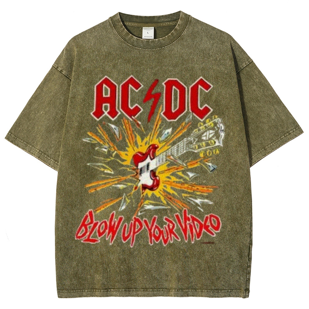 Unisex Vintage The Acdc Rock Band Print Short Sleeve Casual Graphic Washed T-shirt