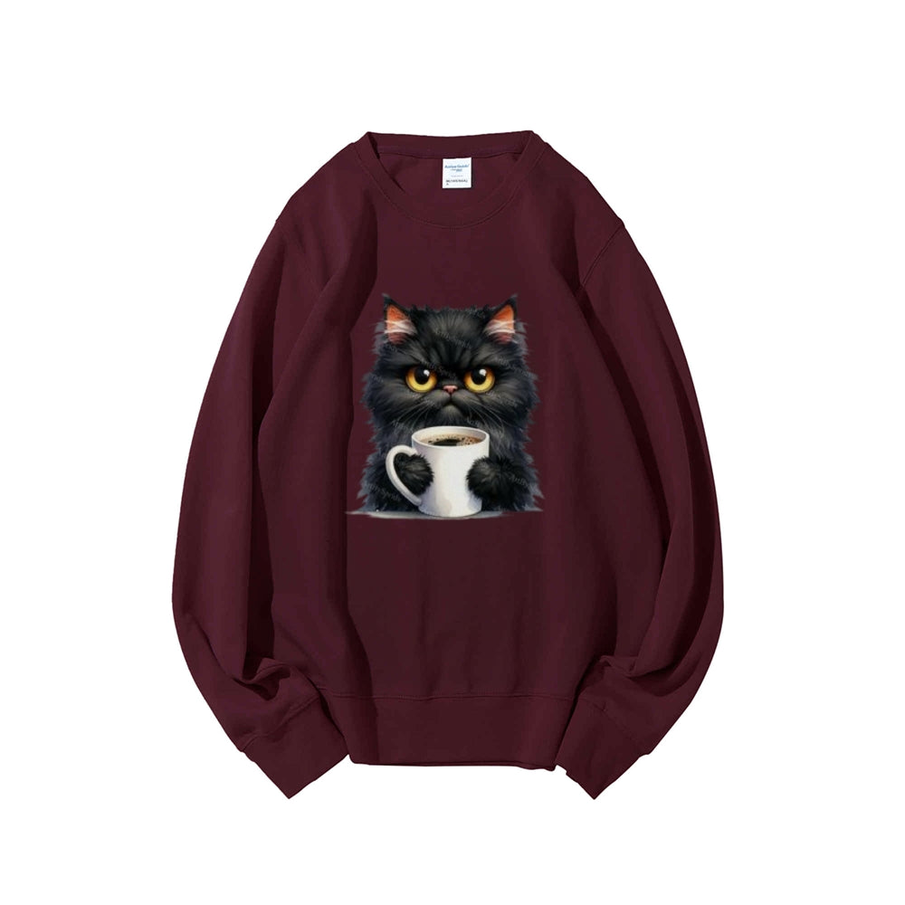 Black Cat with Coffee Cup Graphic Sweatshirts