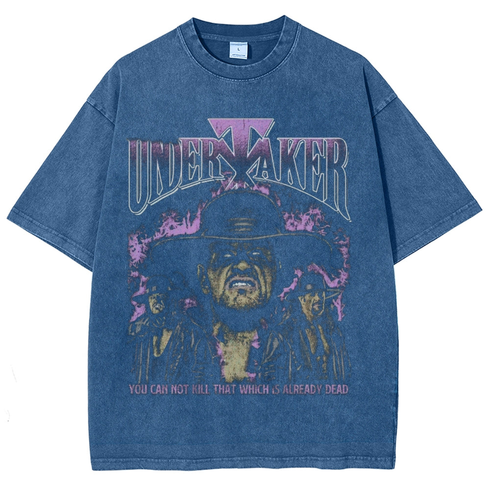 Unisex Vintage Undertaker Darkness Style Graphic Short Sleeve Washed T-shirt