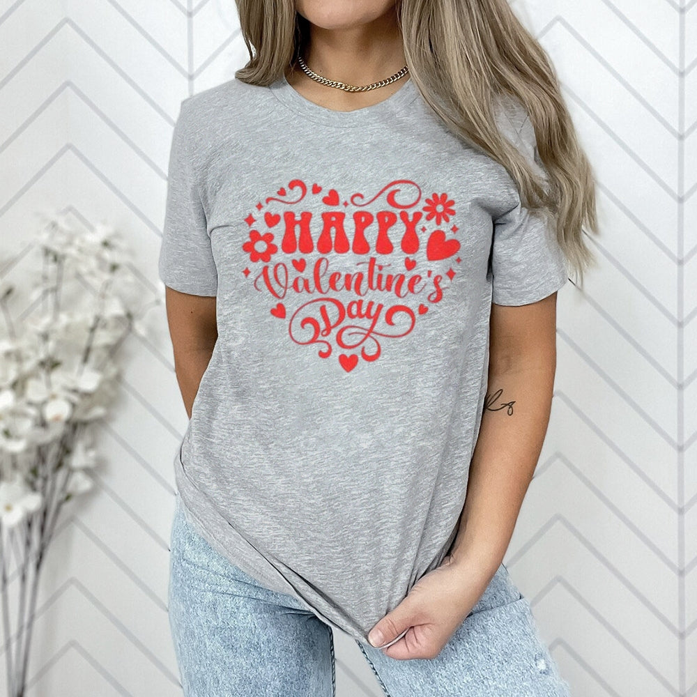 Women Happy Valentine's Day Heart Shape Print Graphic T-shirt