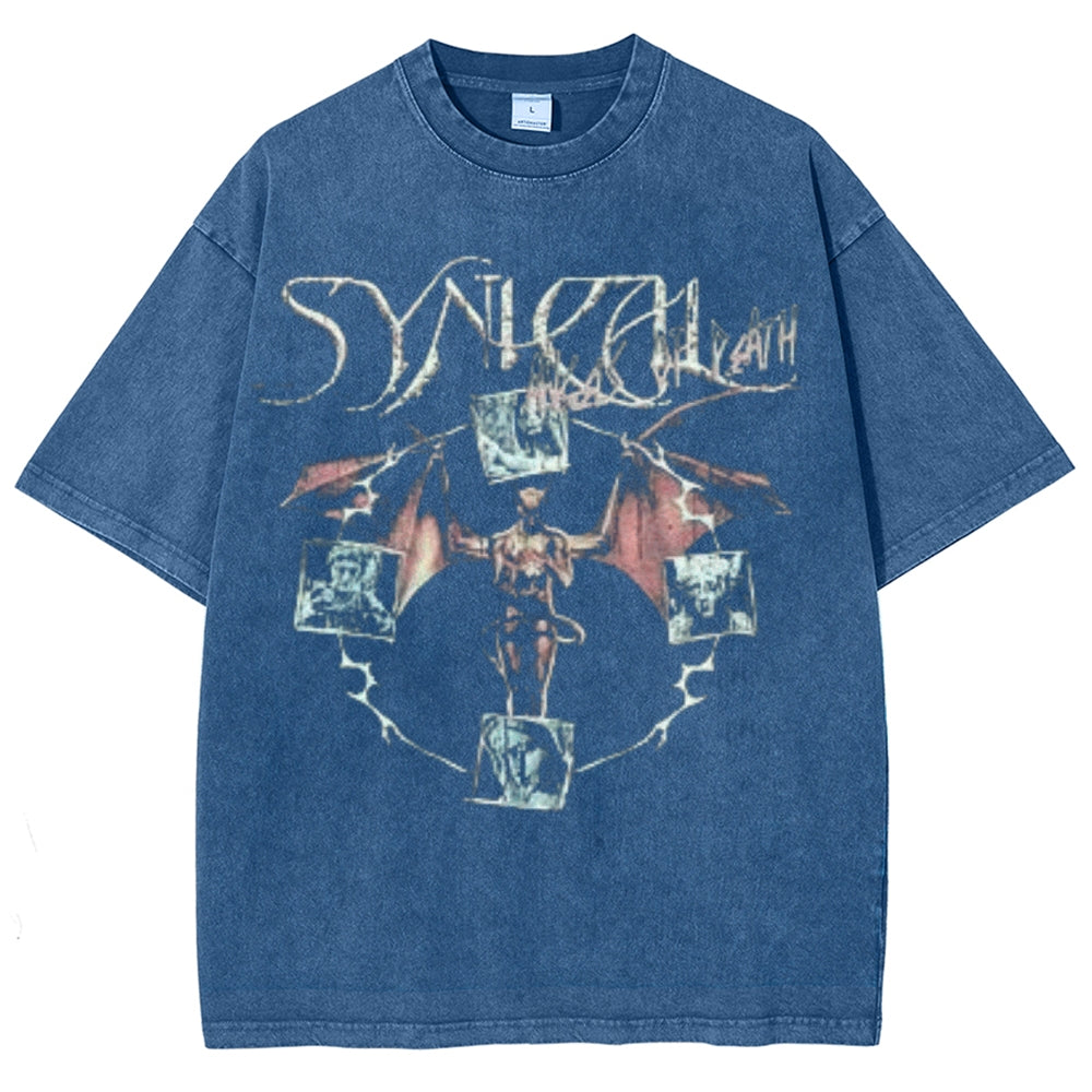 Unisex Vintage Synical Angel Graphic Short Sleeve Washed T-shirt