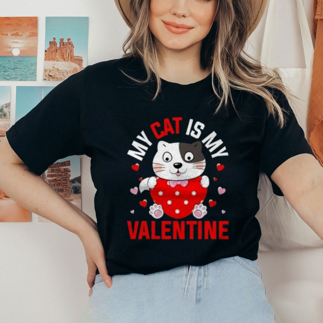 Women My Cat Is My Valentine's Day Print Graphic T-shirt