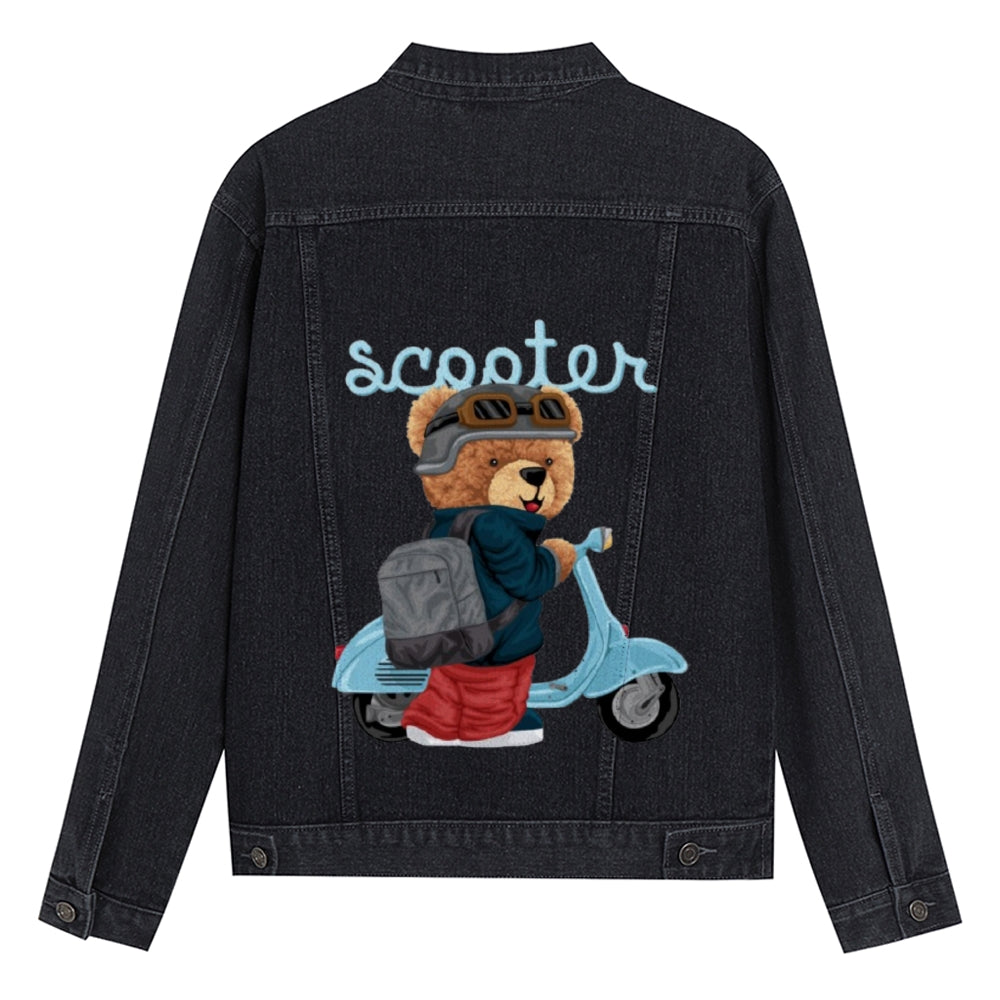 Mens Vintage Cartoon Cute Bear Scooter Prints Denim Jacket