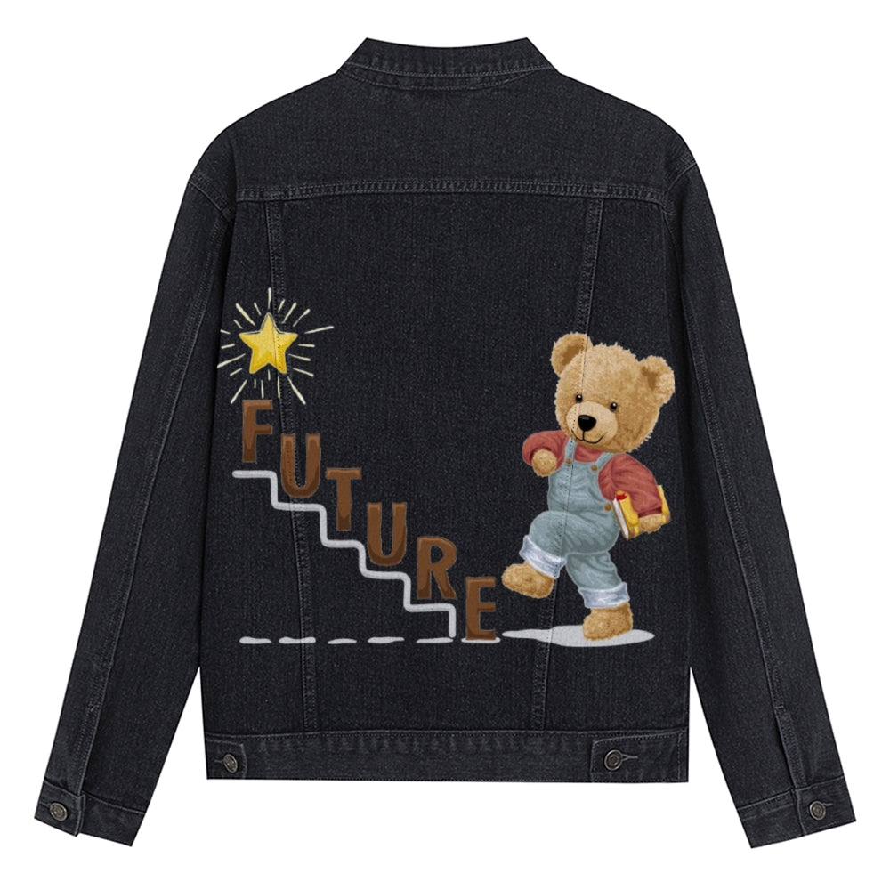 Mens Vintage Cartoon Cute Bear FUTURE Prints Denim Jacket