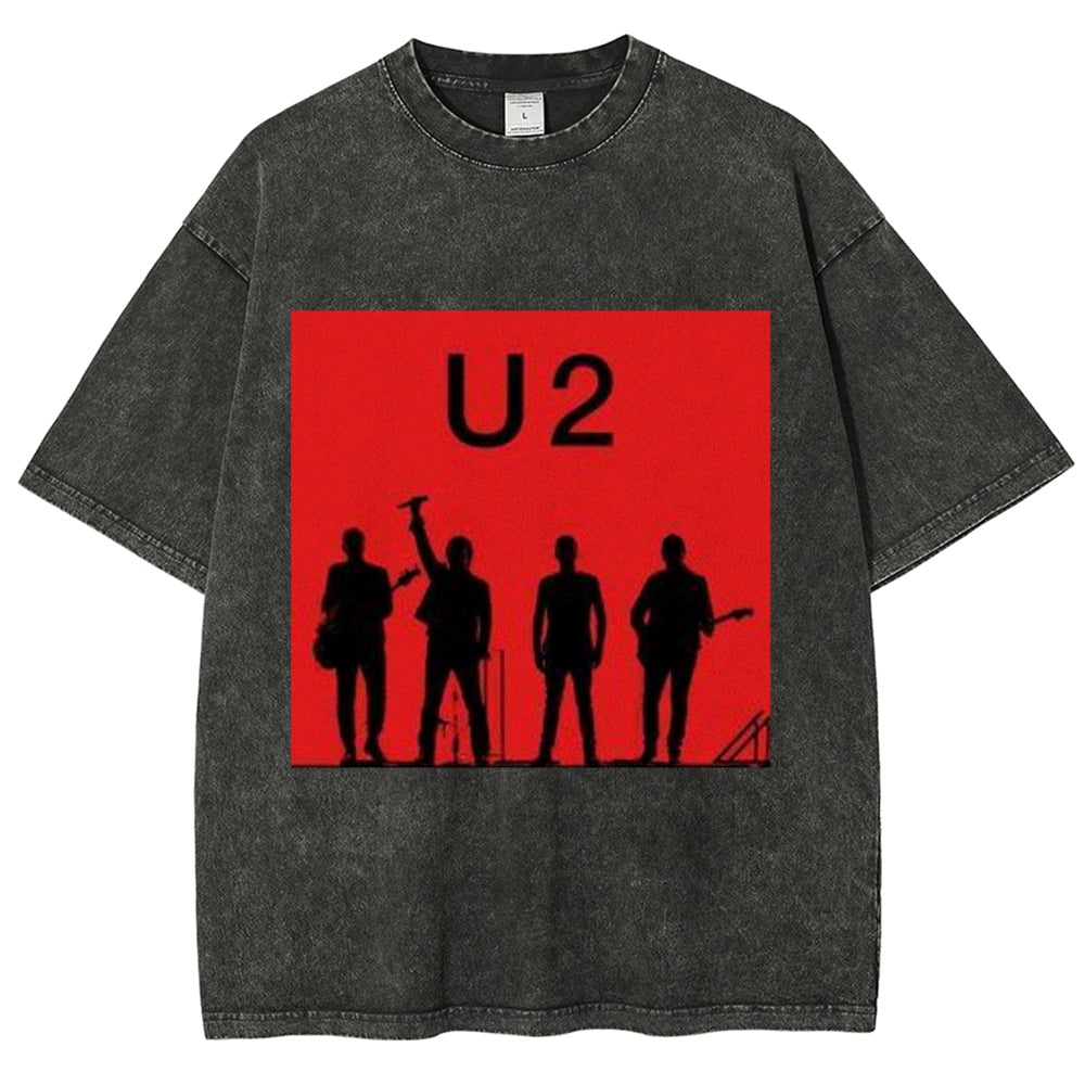 Unisex Vintage The U2 Rock Band Print Short Sleeve Casual Graphic Washed T-shirt