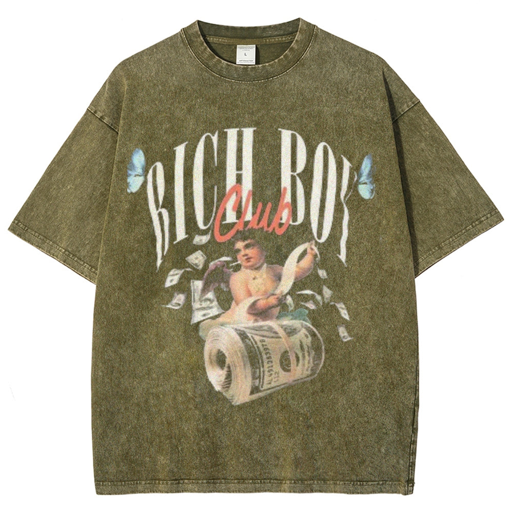 Unisex Vintage Rich Boy Club Graphic Short Sleeve Washed T-shirt