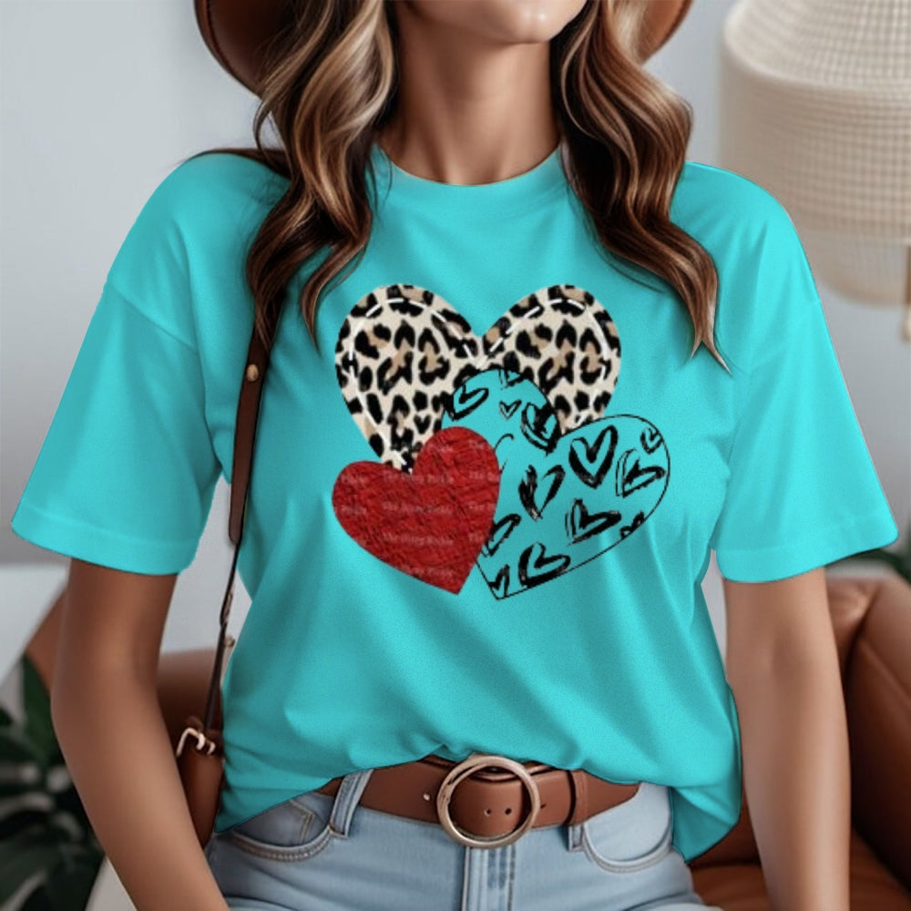 Women Love Leopard Heart Valentine's Day Print Graphic T-shirt