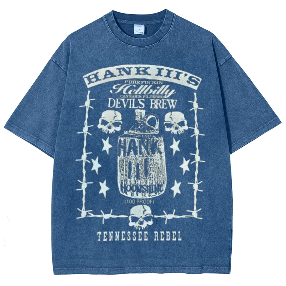 Unisex Vintage Hank 3 Darkness Style Graphic Short Sleeve Washed T-shirt