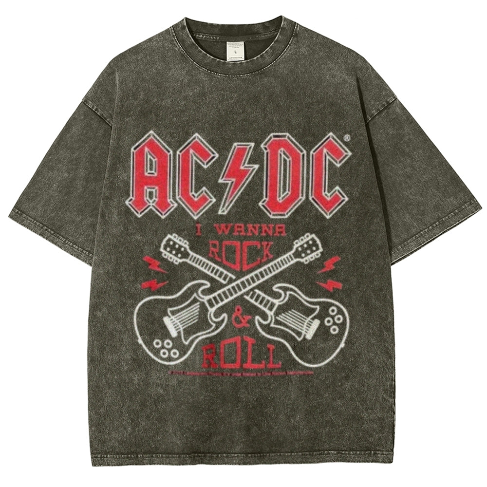 Unisex Vintage The Acdc Rock Band Print Short Sleeve Casual Graphic Washed T-shirt