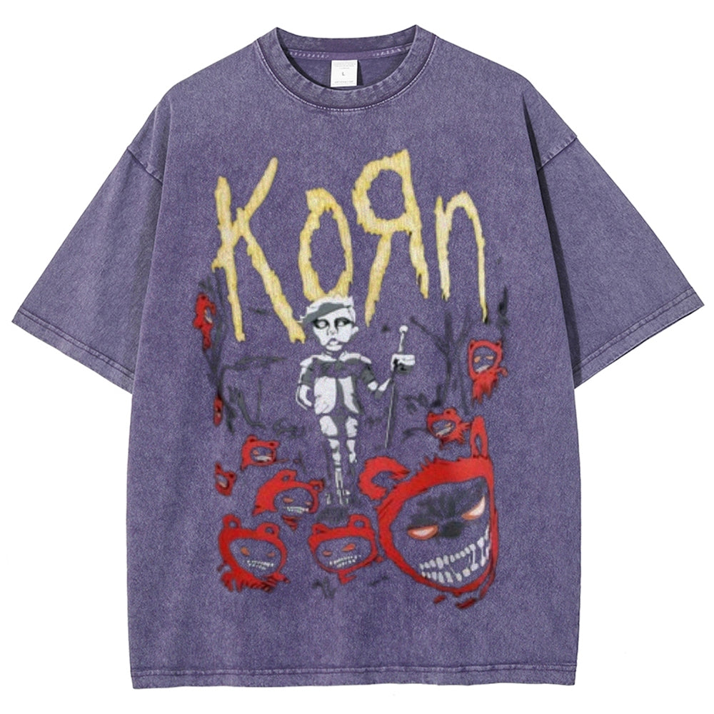 Unisex Vintage The Korn Rock Band Print Short Sleeve Casual Graphic Washed T-shirt