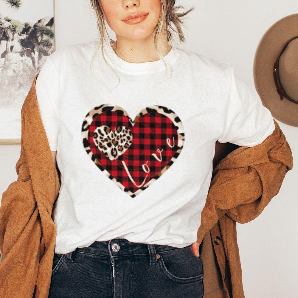 Women Love Leopard Heart Valentine's Day Print Graphic T-shirt