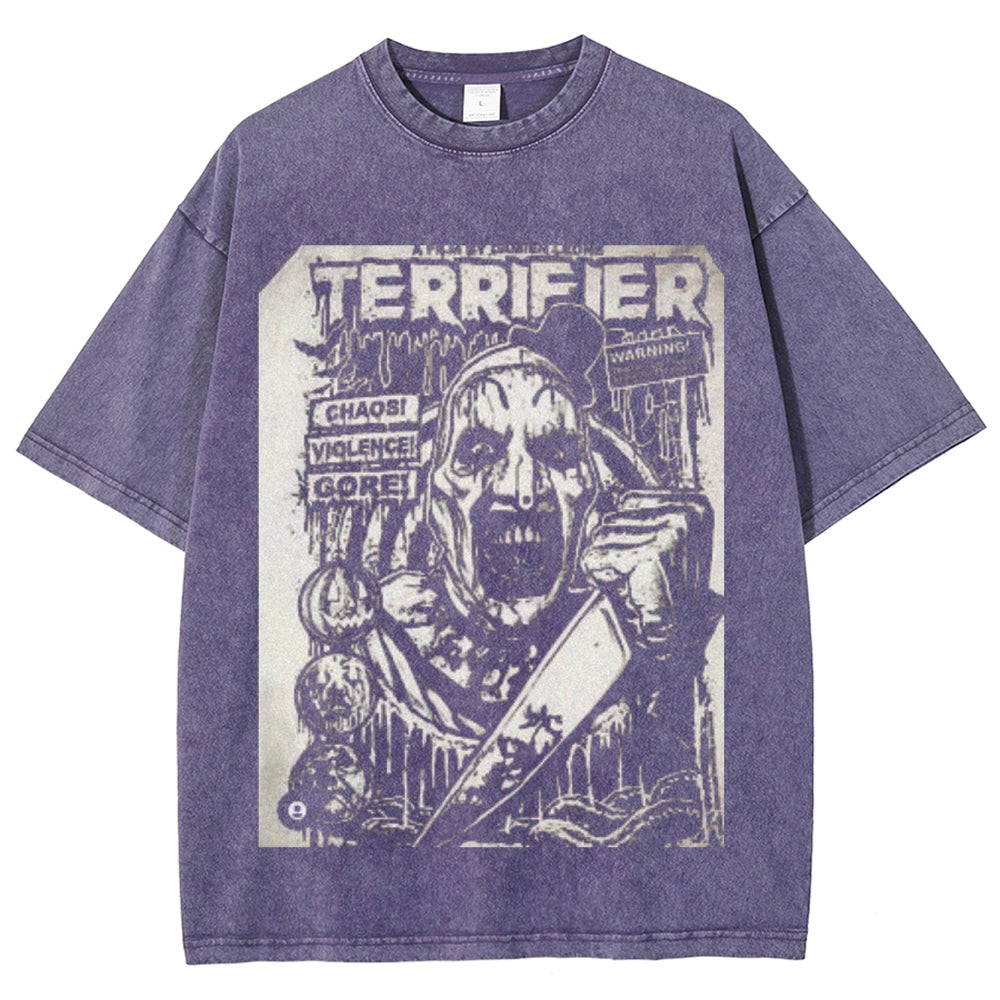 Unisex Vintage Terrifier Horror Graphic Short Sleeve Washed T-shirt