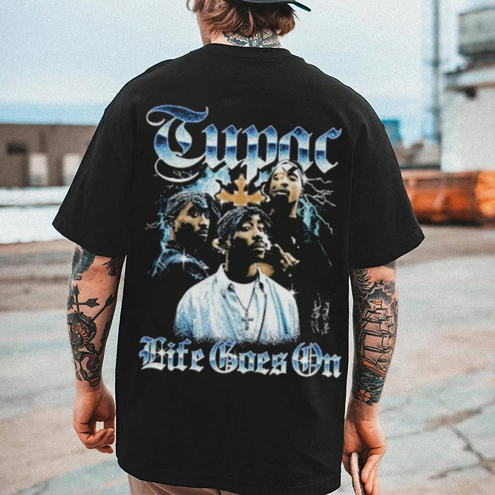 Mens Vintage Tupac Life Goes On Darkness Style Print Graphic Tee