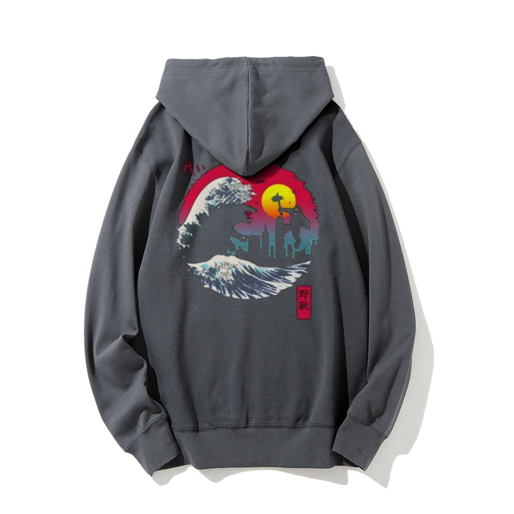 Mens Vintage Godzilla Darkness Style Print Graphic Pullover With Kangaroo Pocket Hoodies