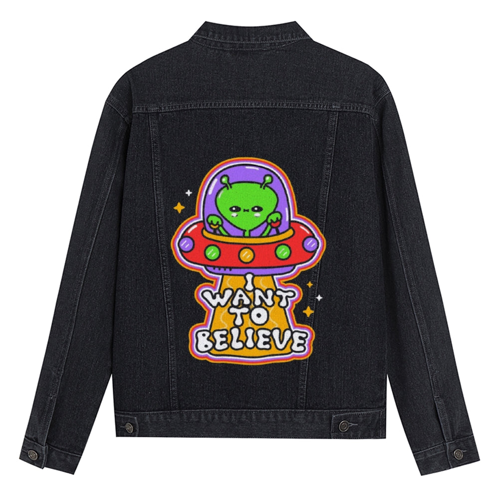 Mens Vintage Cartoon Prints Alien Spaceship I WANT TO BELIEVE Denim Jacket