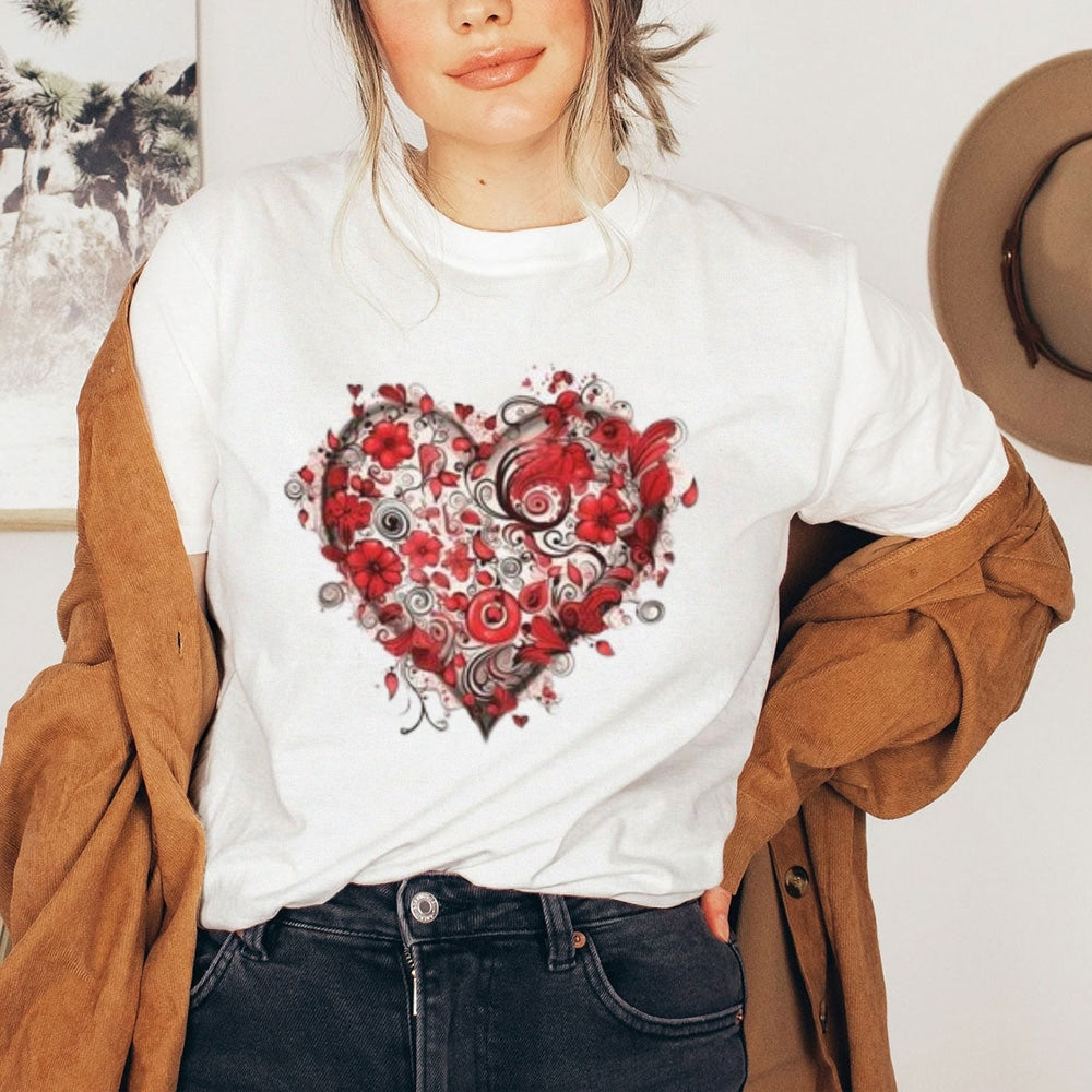 Women Love Rose Heart Valentine's Day Print Graphic T-shirt