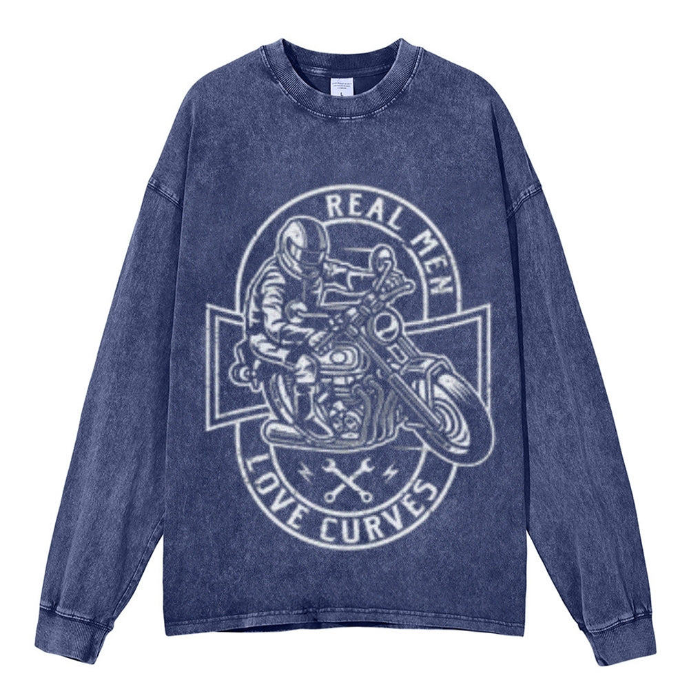 Oversized Vintage Washed REAL MEN LOVE CURVES Motorcycle Graphic Sweatshirt