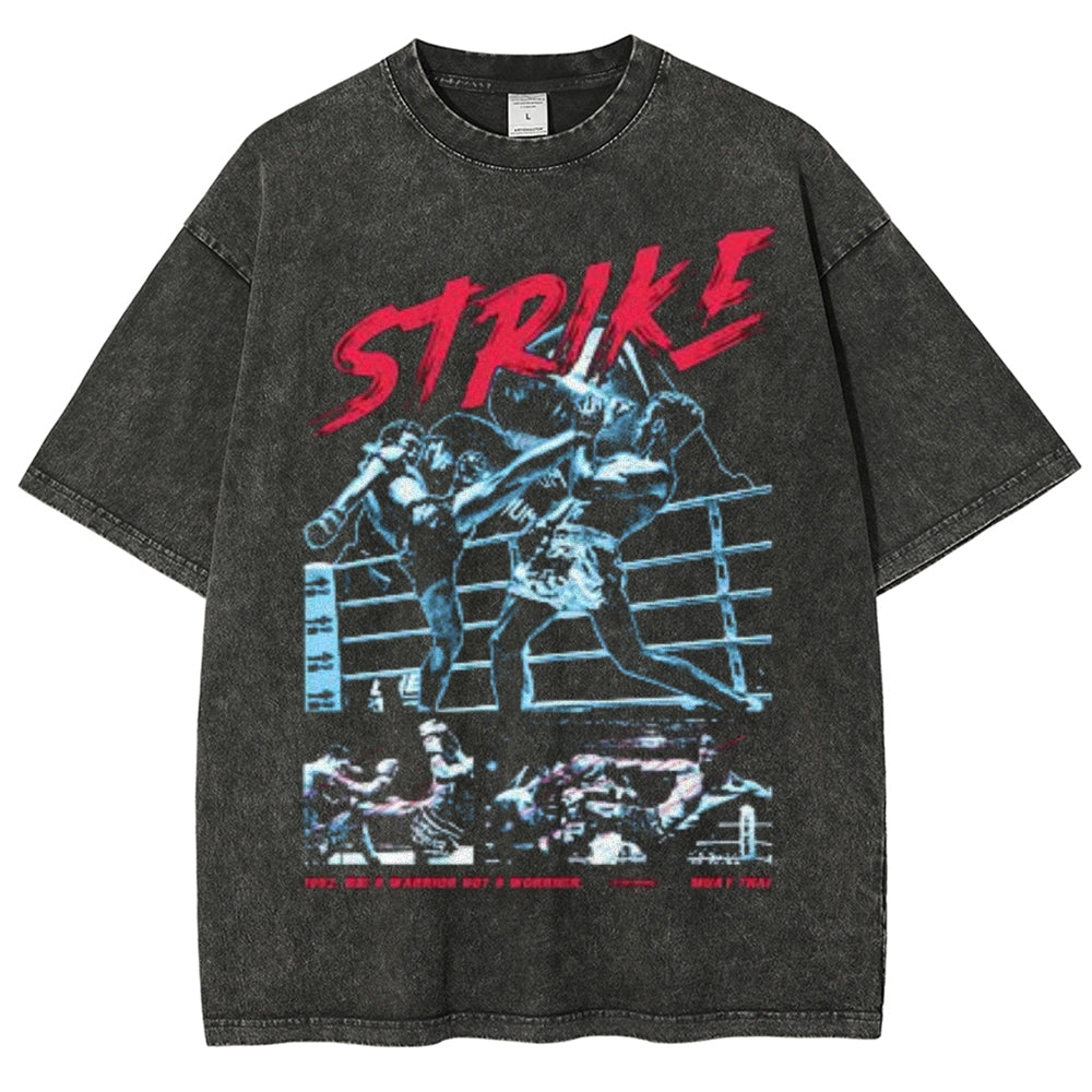 Unisex Vintage Striker Boxing Darkness Style Graphic Short Sleeve Washed T-shirt