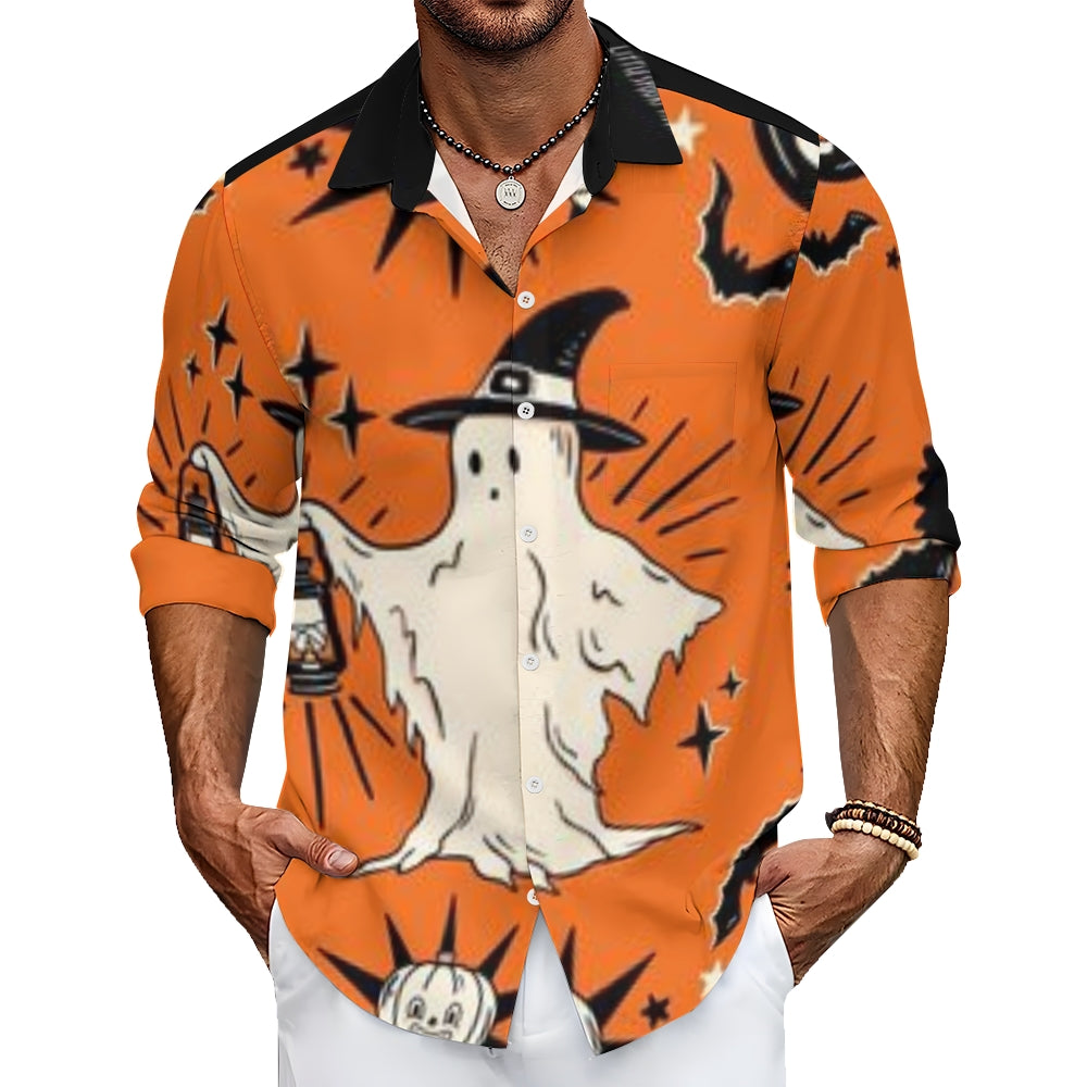 Mens Halloween Ghost Print Long Sleeve Shirt