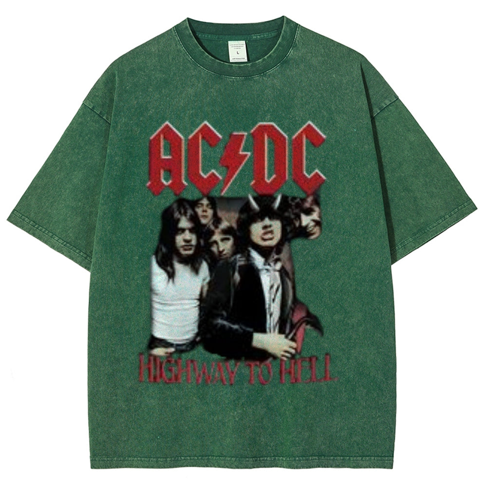 Unisex Vintage The Acdc Rock Band Print Short Sleeve Casual Graphic Washed T-shirt