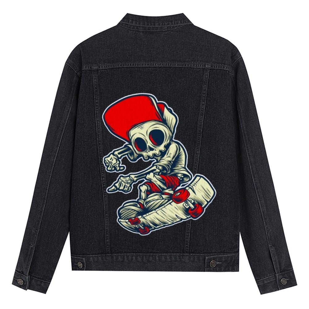 Mens Vintage Skate Cartoon Prints Skeleton Denim Jacket