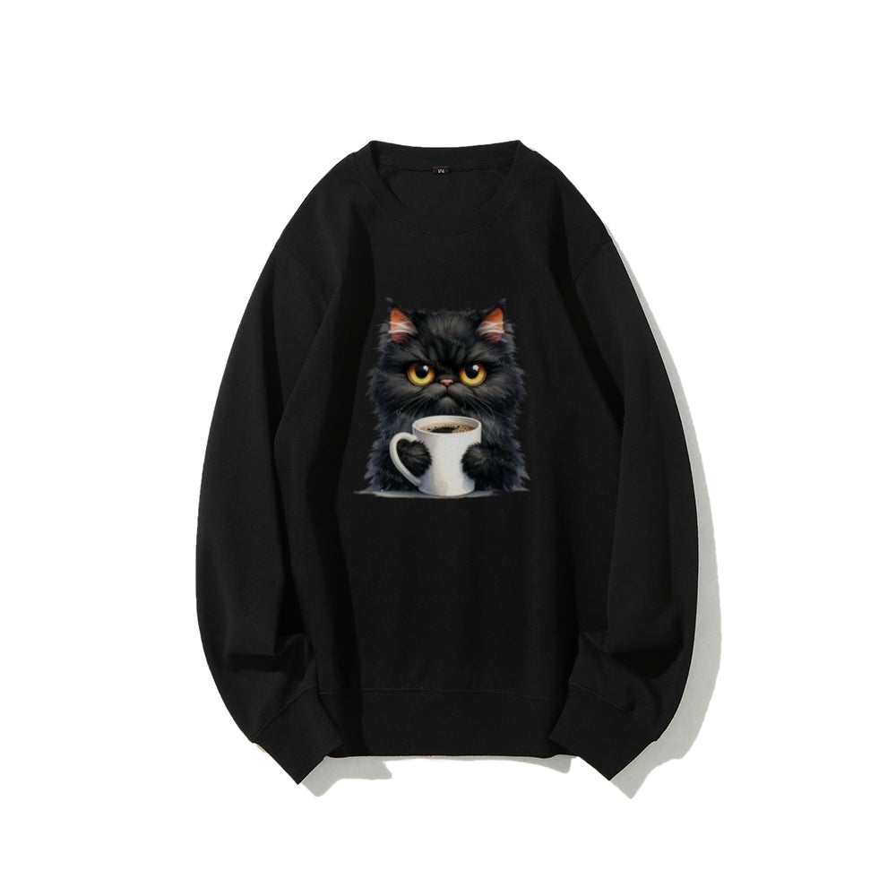 Black Cat with Coffee Cup Graphic Sweatshirts