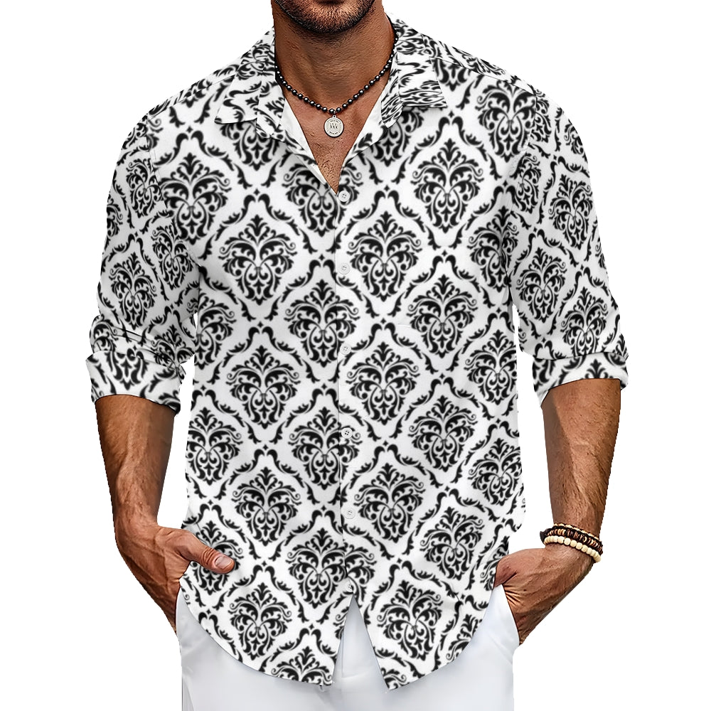 Mens Baroque Black White Royal Print Long Sleeve Shirt