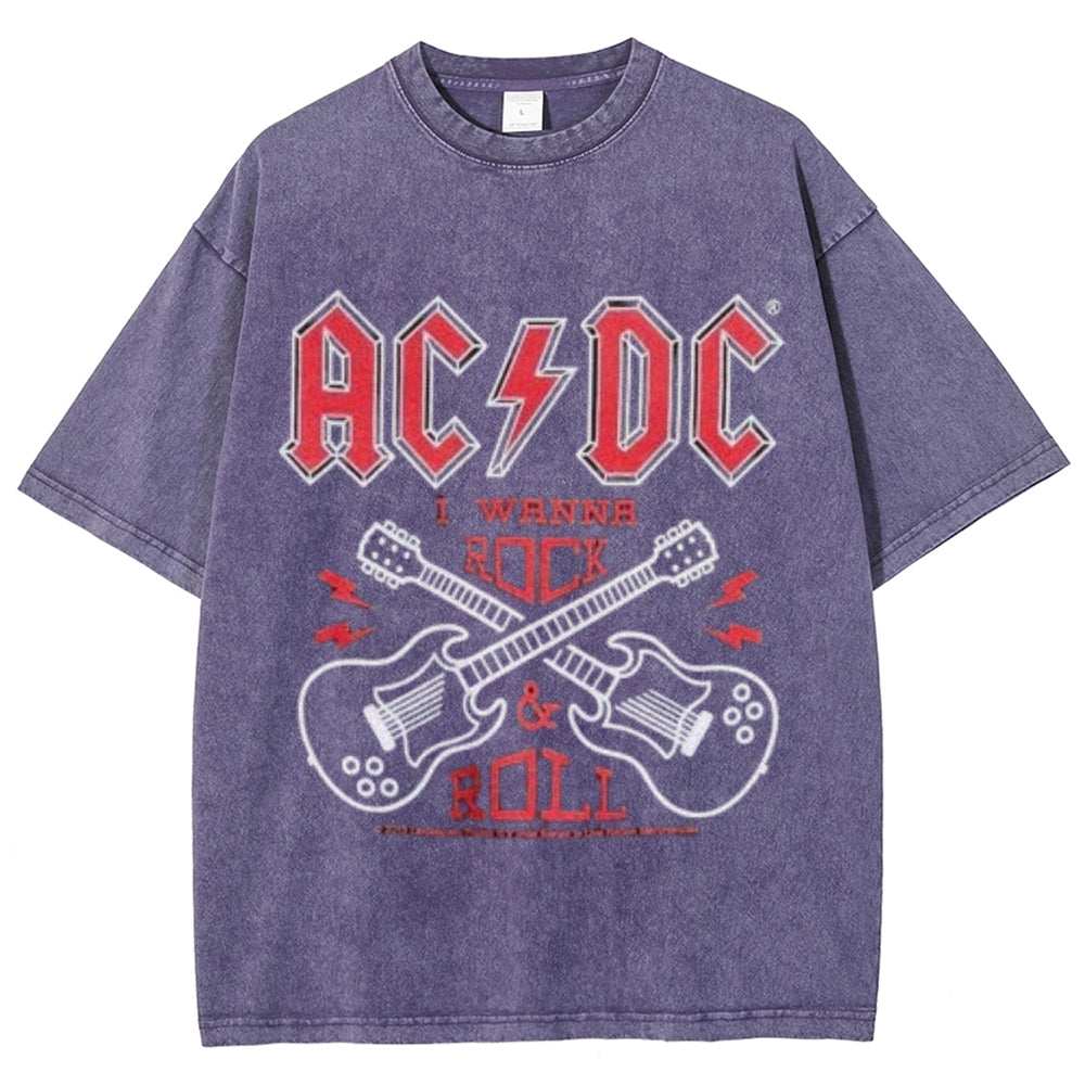 Unisex Vintage The Acdc Rock Band Print Short Sleeve Casual Graphic Washed T-shirt