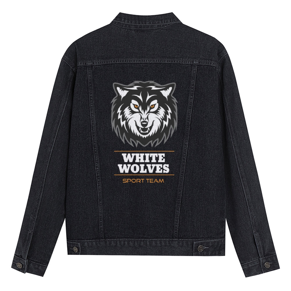 Mens Vintage Cartoon Prints WHITE WOLVES SPORT TEAM Denim Jacket